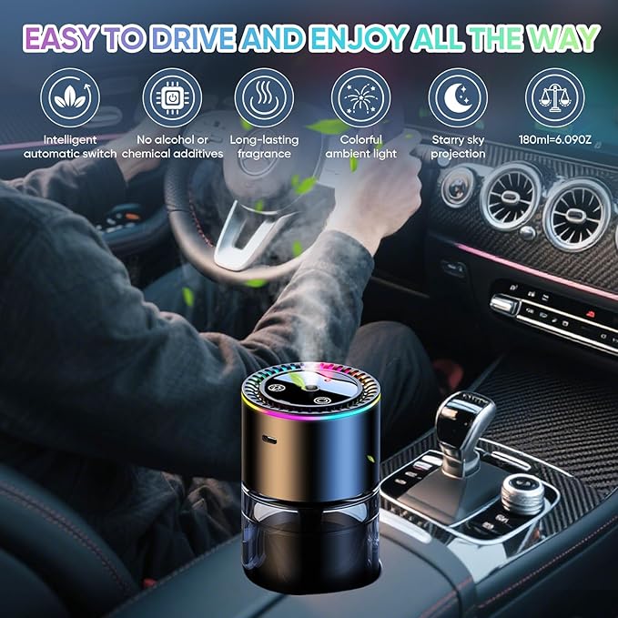Smart Car Air Freshener Diffuser 180ML Large Capacity, 270-Day Essential Oil Rechargeable Auto On/Off with 7-Color Light & Star Projection for Home Office, Cologne Scent
