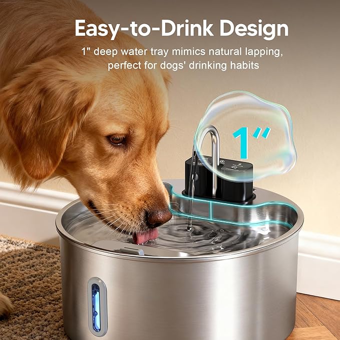 Voluas Dog Water Fountain: 1.8Gal/7L Wireless Stainless Steel Dog Fountain Bowl for Small to Large Dogs, Battery Operated Pet Water Dispenser Indoor with Ultra-Quiet Pump, Easy Clean BPA-Free