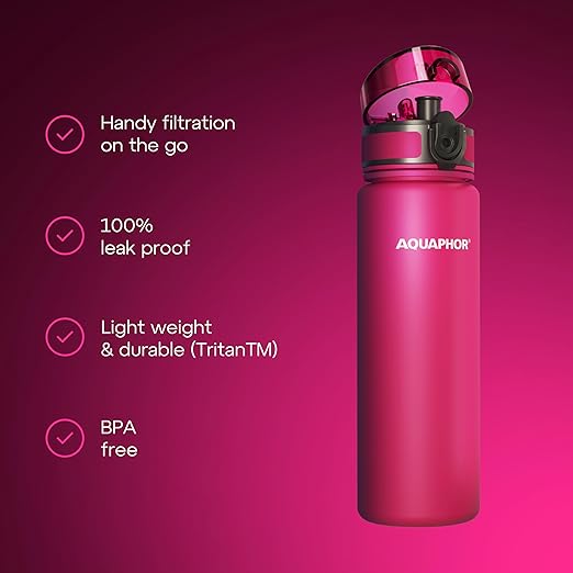 AQUAPHOR City Filtered Water Bottle in Tritan BPA-free - Portable with Integrated Water Purifying Filter 500 ml - Pink