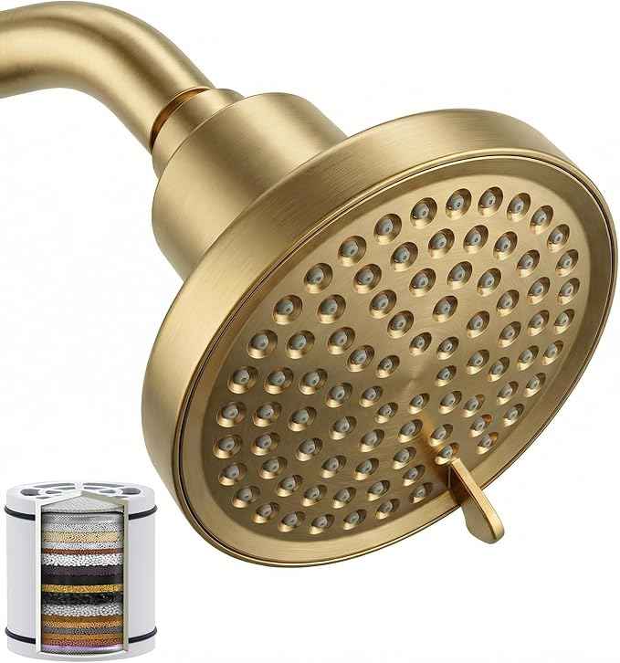Fixed Shower Head ＆ Filter COMBO ! Anti - Chlorine Hard Water Filtered Shower Heads- 7 Sprays High Pressure Showerheads with 25 Stage Filtration (Brushed Gold)