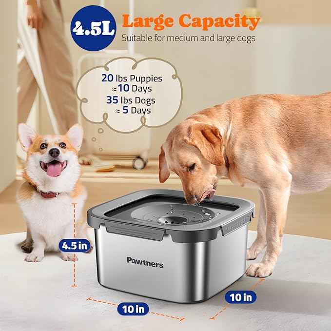 Pawtners Dog Water Bowl No Spill, 152oz/4.5L Stainless Steel Dog Floating Bowl, Slow Water Bowl for Dog with Filter, Non-Slip Base, No Splash Water Bowl for Medium Large Messy Drinkers Grey
