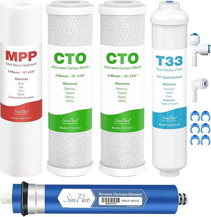SimPure 75 GPD Revers Osmosis Water Filter Replacement Set, Compatible with APEC ESSENCE Series ROES-PH75, RO Filters Replacement for Most 10" Under-Sink Water Filter System Stage 1-5