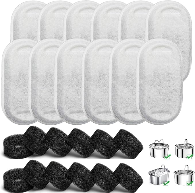 Cat Water Fountain Filters, 12 Pack Replacement Filters & Pre-Filter Sponges for 3.2L/108Oz & 67oz/2L Stainless Steel Pet Fountain, Carbon Filters for Automatic Cat Water Dispenser Water