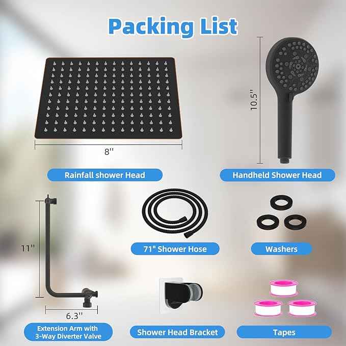 All Metal Shower Head, 8" High Pressure Rainfall/Handheld Shower Combo with 11" Extension Arm, 10-Spray Handheld Showerhead, 71" Long Hose, 3-Way Diverter Valve, Oil Rubbed Bronze