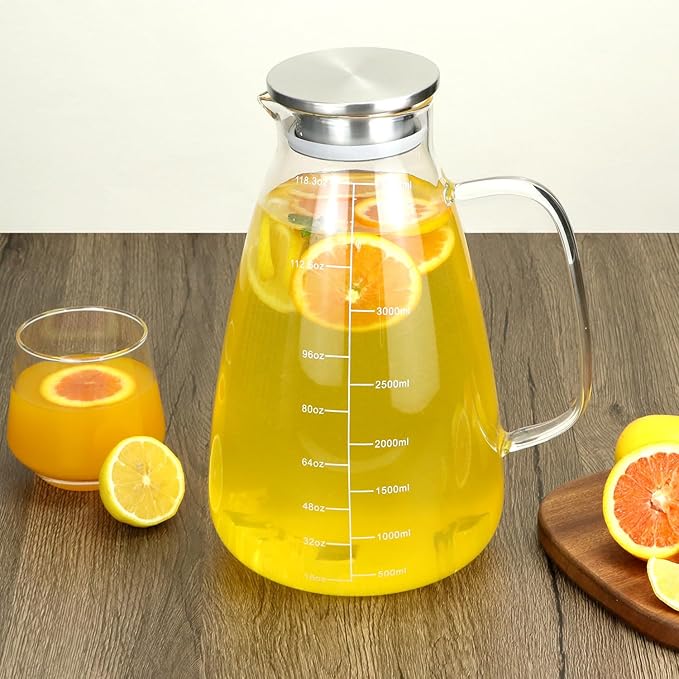 QWORK Glass Pitcher with Lid, 118 OZ Glass Water Pitcher with Precise Scale Line, Hot/Cold Water Jug, for Milk, Beverages