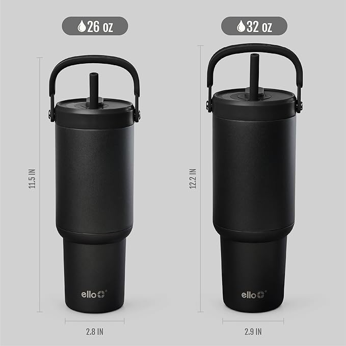 Ello Oasis Go+ 32oz Tumbler with Top Handle and Retracting Straw | Reusable Insulated Stainless Steel Cup, 100% Leakproof Water Bottle, 24 Hours Cold, Cup Holder Friendly For Travel | Black