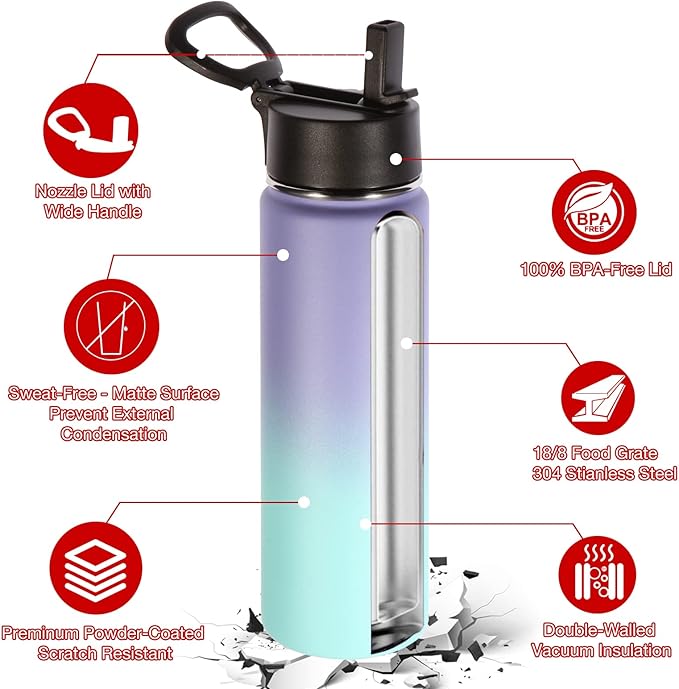 Volhoply 22 oz Insulated Water Bottles with Straw Lid, Stainless Steel Bottle with Handle, Double Walled Metal Travel Water Cups with Wide Mouth, Reusable Water Flask for School(Purple Blue,1 Set)