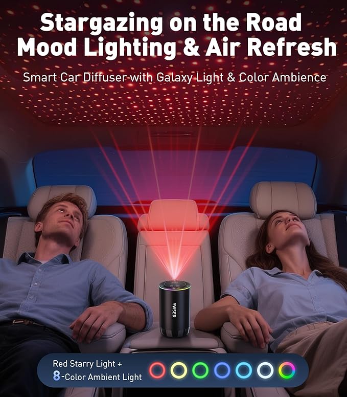 Smart Car Air Freshener, Car Air Freshener Diffuser with Starry Sky Projection and 50ml Perfume, Auto On/Off Intelligent, 3 Mode Adjustable Rechargeable Aroma Diffuser, Encounter