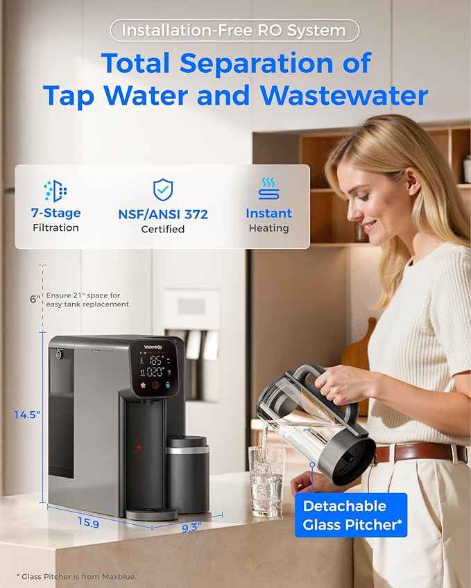Waterdrop WD-M6H Instant Hot Reverse Osmosis System Countertop Water Filter, 7-Stage, 3:1 Pure to Drain, Hot Water Dispenser with 5 Temperature Options, RO System with Glass Pitcher, BPA-Free