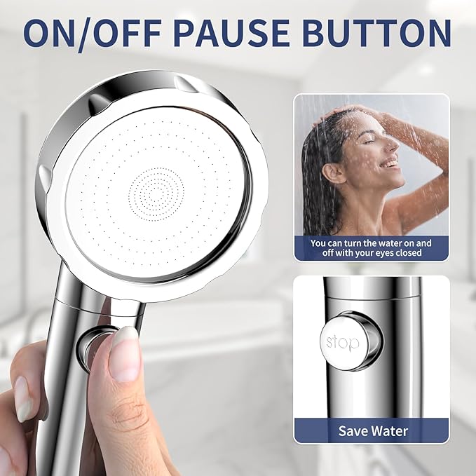 HANLIAN On/Off Pause Camper Shower Head with Filters, Detachable Shower Head with Filter, High Pressure RV Shower Heads with Hose and Self-adhesive Bracket, Shower Filtered Showerhead (Chrome)