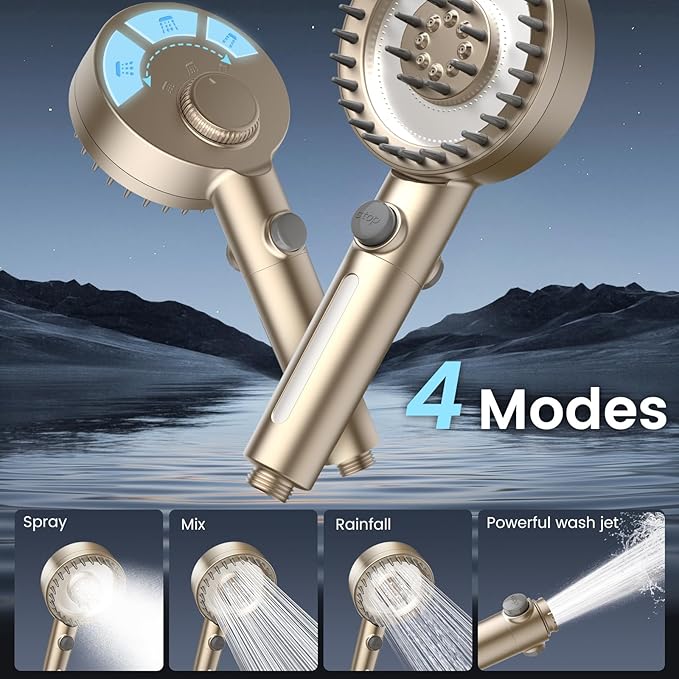 Filtered Shower Head with Handheld, High Pressure 4 Spray Mode Showerhead with Filters, Water Softener Beads for Hard Water with ON/OFF Switch for Pets - Remove Chlorine (Golden, 5 Inch Panel)