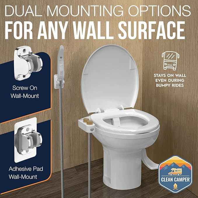 RV Bidet Deluxe Kit – Dual Nozzle Bidet + 4-Ft Handheld Spray Wand for & Full RV Bathroom Cleaning – Adjustable Water Pressure, Compact Reversible RV Fit, Brass Fittings, 4-Way T-Adapter