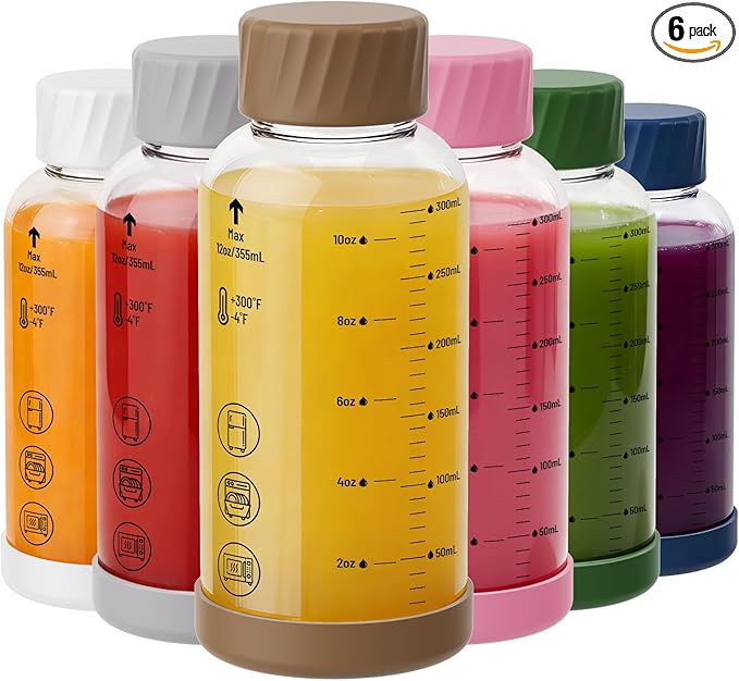 Sursip Glass Juice Bottles 6 Pack 12 oz – Borosilicate Glass Bottles with Lids – Heat-Resistant, Leakproof, BPA Free, Reusable for Juicing, Smoothies, Milk, Protein Drinks, Water