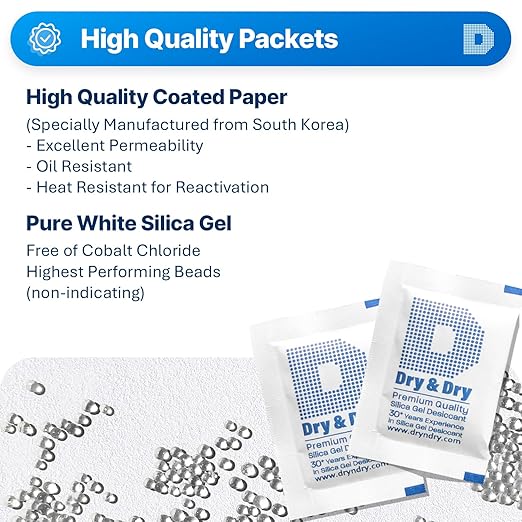 Dry & Dry 5 Gram [50 Packets] Silica Gel Packets Silica Gel Desiccants, Silica Gel Packs - Rechargeable (Food Safe) Silica Gel Packets, Silica Packets