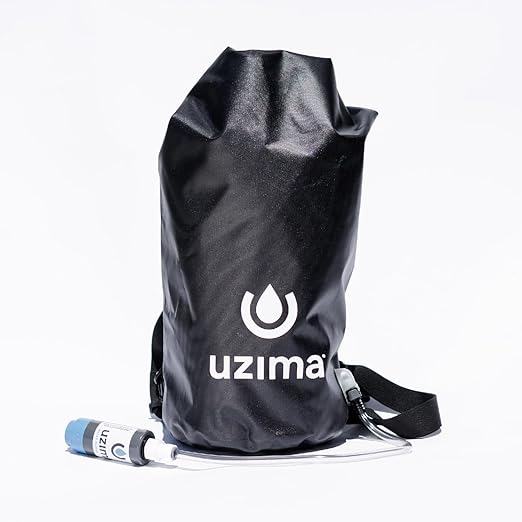 Uzima UZ-BP 17.5L Gravity Water Filter System - WHO Certified Backpacking Water Filtration System - Survival Gear for Bug Out Bag - All-in-One Collection, Storage, Filtration & Hands-Free Transport