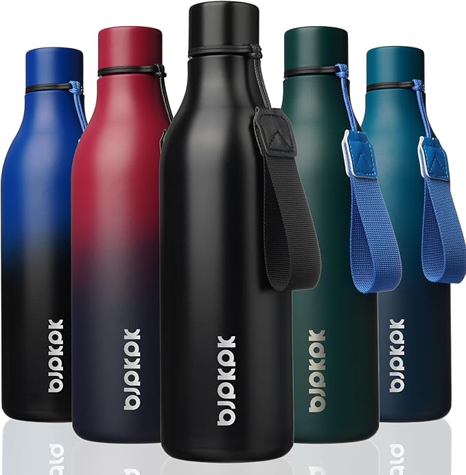 BJPKPK Insulated Water Bottles, 25 oz Stainless Steel Metal Water Bottle with Strap, BPA Free Leak Proof Jugs, Mugs, Flasks, Reusable Thermal Flasks for Sports & Travel, Black