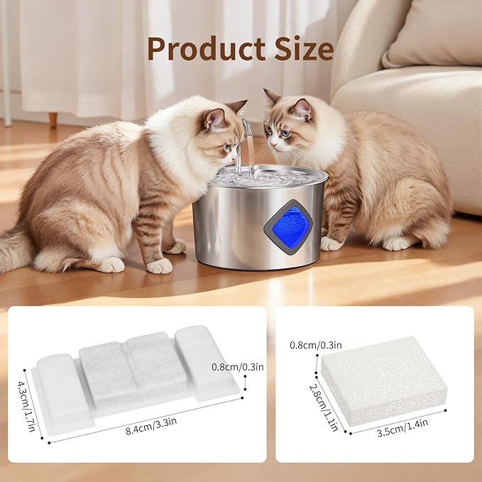 Cat Water Fountain Replacement Filters, 8-Pack Filters & 8 Sponges, Compatible with JIXZEN 3.2L Stainless Steel Cat Water Fountain (Model OC-10TY10)