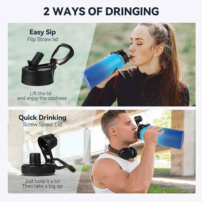 Neihepal 32 oz Insulated Water Bottle with 2 Lids (Straw & Spout Lid), 18/8 Stainless Steel Double Wall Water Bottles for Gym, Travel, Camping, Sports (Green Blue,1Pack)