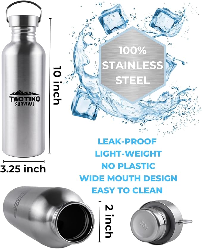 Tactiko Survival 34 oz/1000 ml Stainless Steel Wide Mouth Water Bottle, Single Wall Boil-Safe, Leakproof, BPA-Free with Carry Sleeve and Strap for Camping, Hiking, Outdoor Prep (Tan)