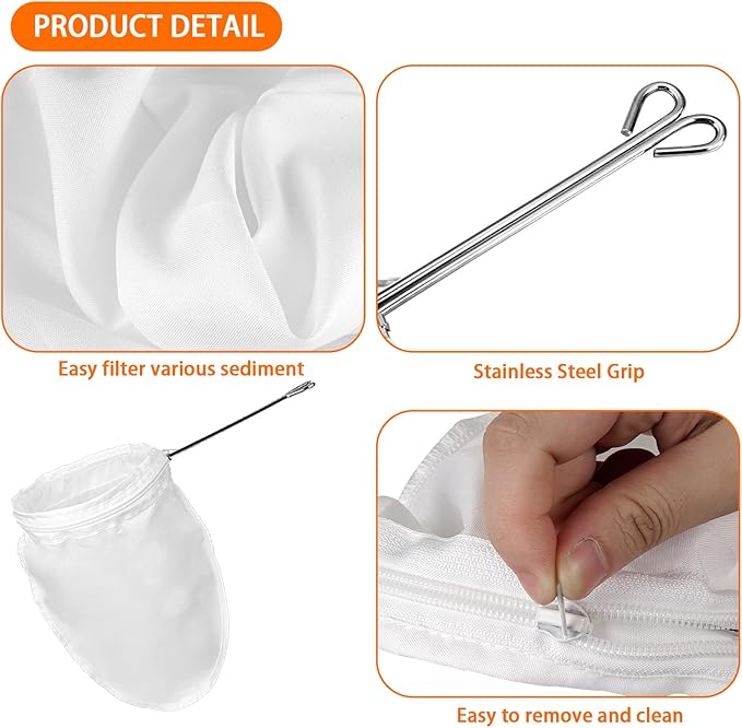 4 Pack Ultra Fine Mesh Coffee Strainer Bag with 1 Frame Handle, 200 Mesh Food Grade Nut Milk Bag, Reusable Kitchen Strainer Fine Mesh for Soy Milk, Milk, Juice, Tea Leaf Filter, Honey, Wine (Small)