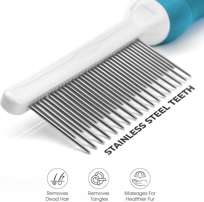 Poodle Grooming Comb - Metal Dematting Comb with Long & Short Stainless Steel Teeth for Removing Matted Hair & Knots, Safe and Gentle for Dogs & Cats - AquaVibe