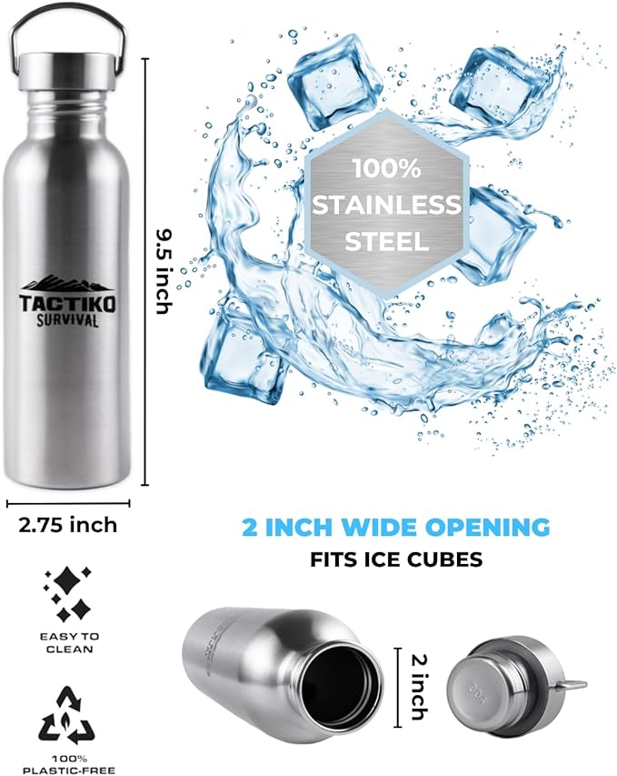 Tactiko Survival 25 oz/750 ml Stainless Steel Wide Mouth Water Bottle, Single Wall Boil-Safe, Leakproof, BPA-Free with Carry Sleeve and Strap for Camping, Hiking, Outdoor Prep (Camo)