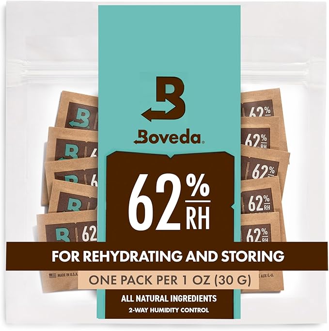 Boveda 62% RH Size 8-10 Pack Two-Way Humidity Control Packs - for Storing 1 oz - Moisture Absorber for Small Storage Containers - Humidifier Packs - Hydration Packets w/Resealable Bag