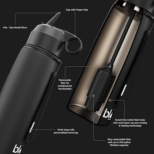 BLU All-in-ONE | Vacuum Insulated Stainless Steel Water Bottle Flask with a Filter (26oz) | Made in The USA | Removes 99.99% contaminants (Regular - Blue)