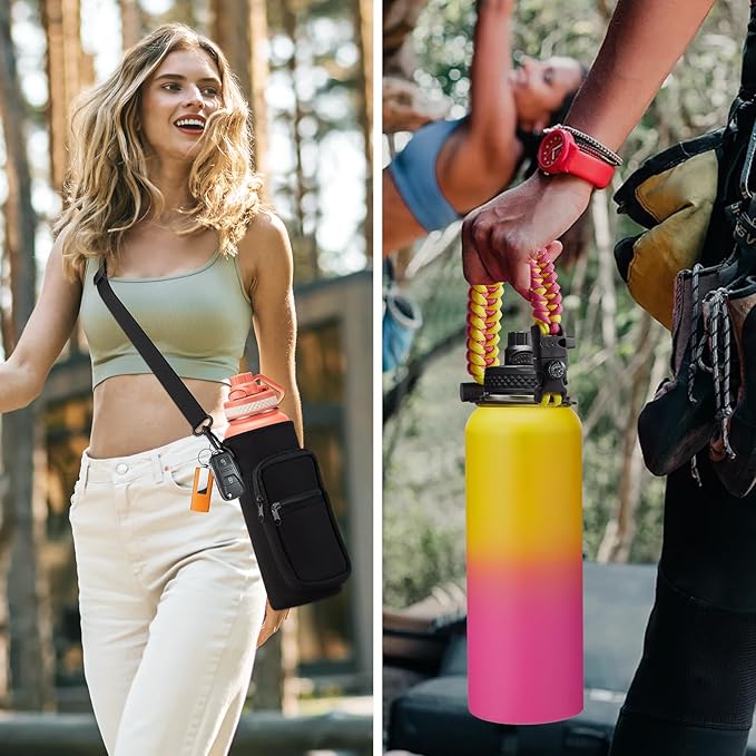 40oz Insulated Water Bottle with Straw - Pop-up Chug Lid (Cold-48H Hot-24H) Stainless Steel Water Bottles Sweat Proof, Metal Hydro Thermo Jug w/Strap Carrier Bag, Paracord Handle, Cream White