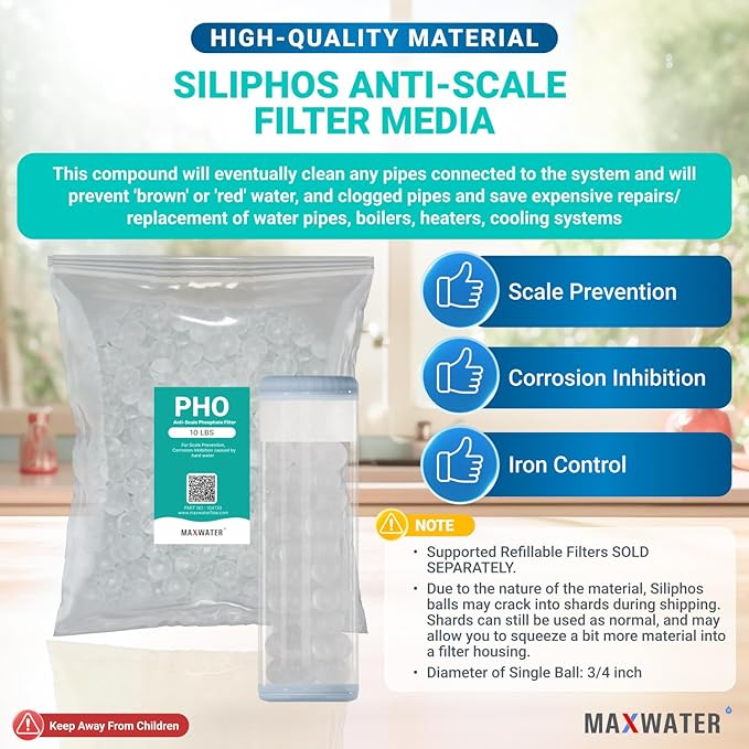 Max Water Siliphos Anti-Scale Filter Media Bag variation (10 LB) compatible with Refillable Phosphate Anti-Scale Water Filters - Good for Scale Prevention, Corrosion Inhibition and Iron Control