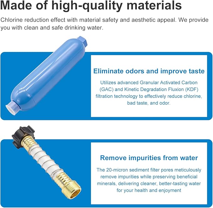 RV Inline Water Filter with 2 Flexible Hose Protectors, 20-Micron Advanced GAC & KDF Filtration Reduces Bad Taste, Odor, Chlorine, Sediment for RVs Campers Marines