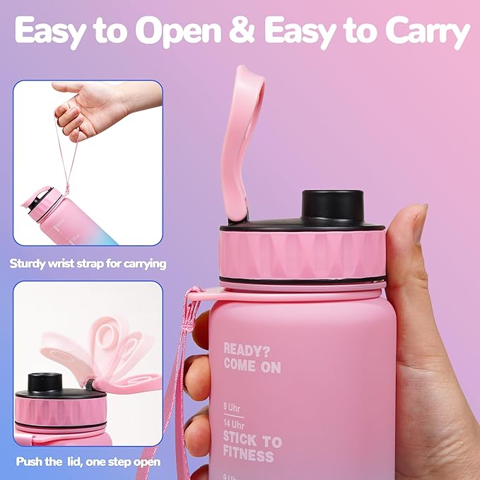 Large Water Bottle with Motivational Time Marker, Water Jug with Handle, Clear Sport Bottle for Gym Camping Workout Outdoors (22oz Pink)
