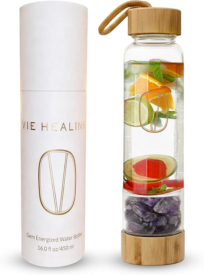 Vie Healing Gem Infused Amethyst Crystal Water Bottle, 16oz | Crystal Glass Bottle for Mindful Hydration, Daily Balance & Style | Eco Friendly Reusable Water Bottle for Home, Office, Gym & Travel