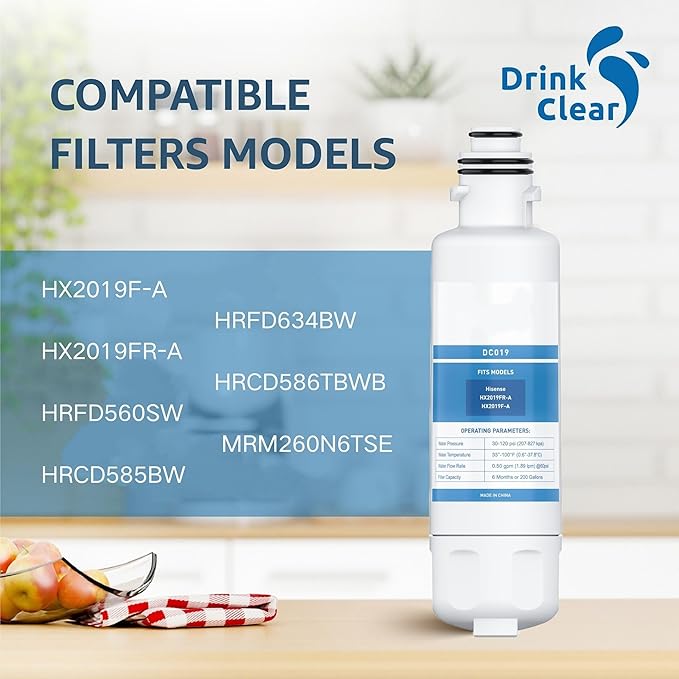 HX2019FR-A, HX2019F-A Water Replacement, Compatible With Hisense HRM260N6TSE, HRFD560SW, HRCD585BW, HRCD650BW, HRFD634BW, HRCD586TBWB and Mora MRM260N6TSE, 3 PCS