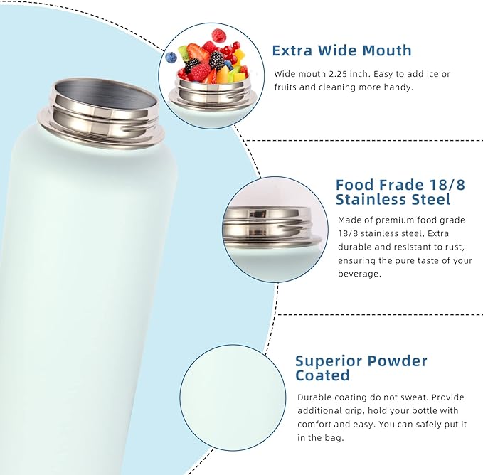 Volhoply 32 oz Insulated Water Bottle with Straw Lid & Spout Lid,Stainless Steel Sports Water Bottle,Double Wall Vacuum Cups,Leakproof Wide Mouth Metal Flask,Keeps Cold or Hot for Travel(Fog,1)