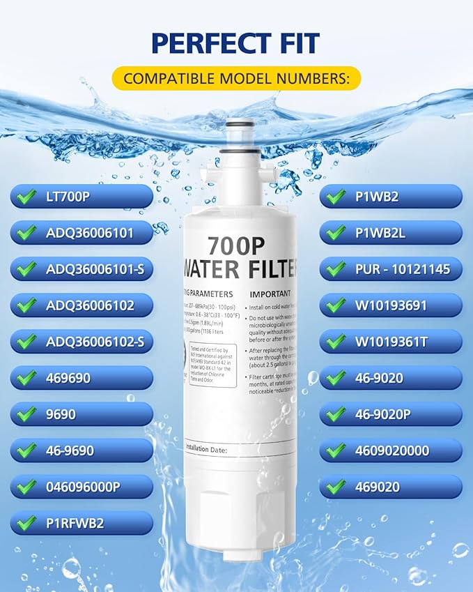 ADQ36006101 Water Filter Compatible With LG LT700P LT700PC Kenmore 9690, ADQ36006102 RFC1200A 46-9690 LFXS30766S Water Filter Replacement LT120F Fresh Air Filter 300 Gallon, 3 Pack - AquaVibe