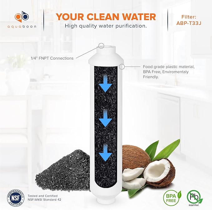 Aquaboon T33 Inline Carbon Filter - 1/4 Inline Water Filter for Refrigerator T33 Inline Ro Post/Granular Activated Carbon (GAC) Polishing Water Filter Cartridge for Reverse Osmosis System 6-Pack