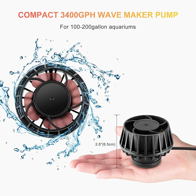 3400GPH Aquarium Wave Maker DC24V Power head with Magnetic Mounting,Wavemaker with Controller for 100-200 Gallon Fish Tanks - AquaVibe