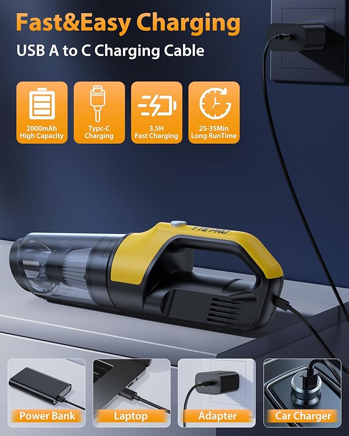 Handheld Vacuum Cordless 1.1 Pounds Car Vac 10000PA Hand Held Vacuums 4-in-1 Hand Vac Cordless Rechargeable HEPA Filter Large Capacity Dust Cup for Car Office Home Pets Hair (Lemon Yellow) - AquaVibe
