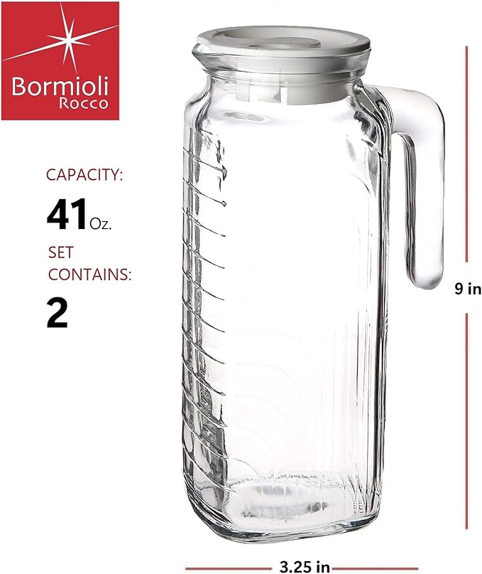 Bormioli Rocco Gelo Set of 2 Glass pitchers, 33.75 Jug with White Lid, Carafe for Homemade Juice, Iced Tea, Cold Brew, Dishwasher Safe Made in Italy