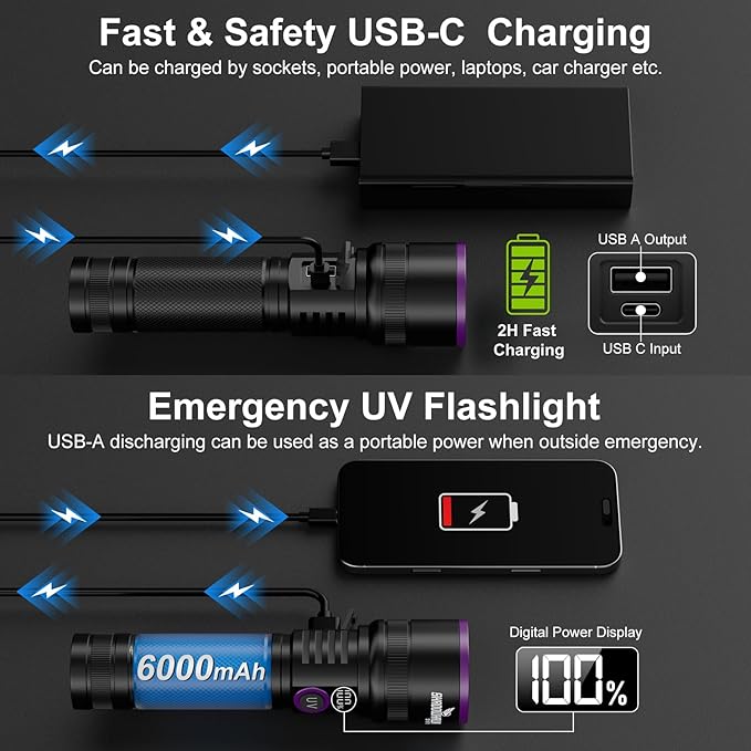 365nm UV Flashlight with Filter Lens - 30w Powerful Black Light Flashlight Rechargeable Ultraviolet Blacklight for Pet Urine Detection/Resin Curing/Rocks/Scorpion/Blood Tracking etc., with LCD Display