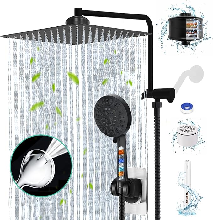 Matte Black Shower Head with Filters 12" Rain Shower Head with Handheld Spray Dual Shower Filter Head for Hard Water, Showerhead Combo with 10 Setting Handheld Built-in 2 Power Wash, Extra Cartridges
