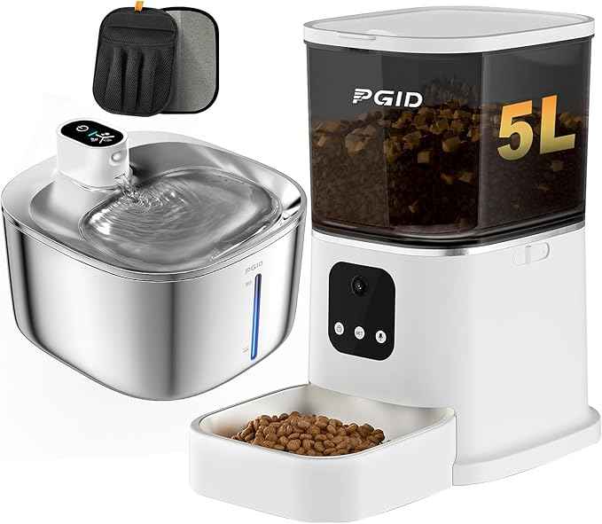 Cordless Cat Water Fountain Stainless Steel 4.5L Fountain+ 5L Automatic Cat Water Fountain with 4K Camera + Hair Removel Glove Set for Pet Dog Cat
