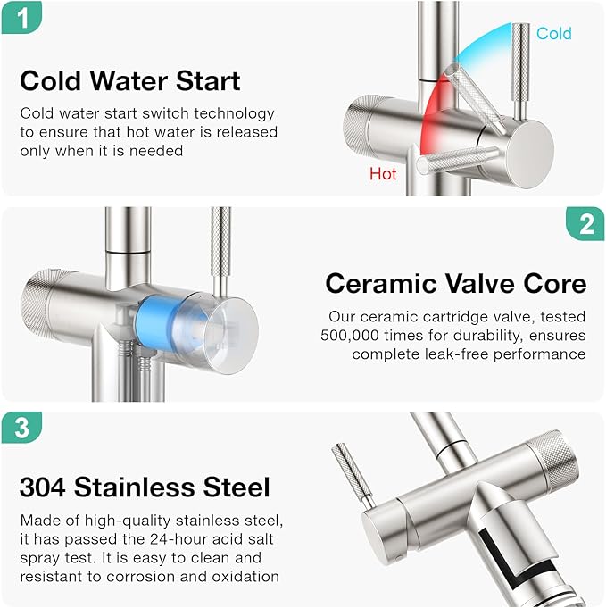 CREA 3 Way Kitchen Faucet with Filtered Water Outlet & Pull Down Sprayer, Stainless Steel Kitchen Faucets Use with Water Filter, Drinking Water Faucet for Kitchen Sink Reverse Osmosis (RO), Brushed