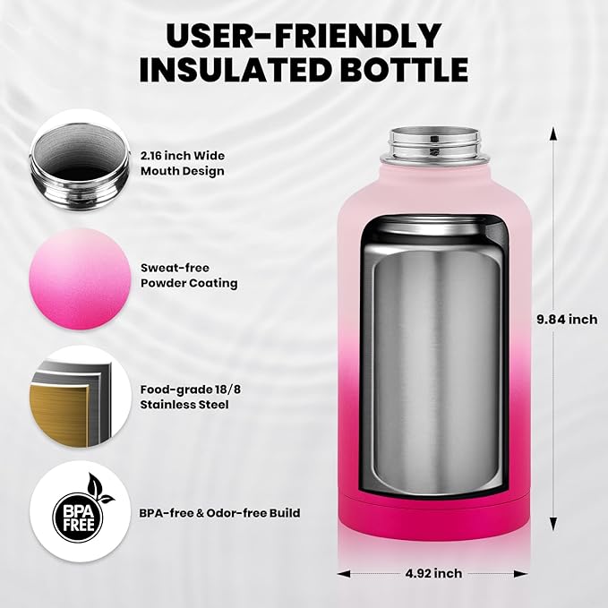 Insulated Water Bottle 64 oz, Triple Wall Vacuum Stainless Steel (Cold for 48 Hrs), Leak Proof & Non-BPA, Half Gallon Water Flask Jug with Paracord Handle & Straw Spout Lids, Ombre Pink