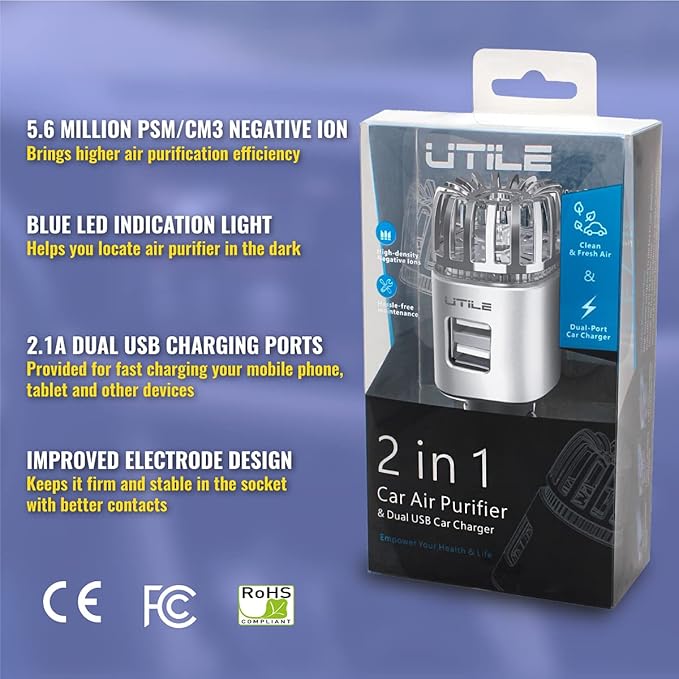 UTILE Car Ionizer Purifier with Dual USB Charger – Ionic Air Freshener for Odor Removal | 2.1A/0.8W USB Charging for Phone, Tablet and Other Devices (Silver, Pack of 1)
