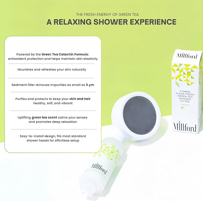 Vitamin C Shower Filter - Korean Purifier for Hard Water, Removes 99% Chlorine & Impurities, Natural Shower Infuser Detox, Deep Cleansing for Skin & Hair Hydration Boost (Green Tea Scent)