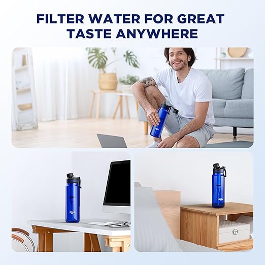 Membrane Solutions C3 Filtered Water Bottle, 36oz BPA-Free Bottle with Replaceable ACFX2 Filter Cartridge, Portable Water Filter, Travel, Hiking & Camping for Drinking Water Anywhere(Blue)