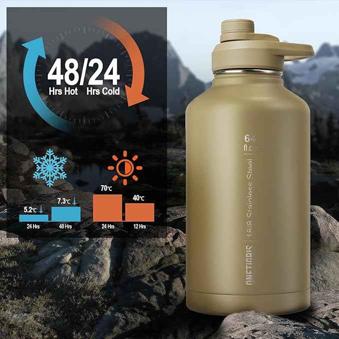ONETIGRIS Tactical Half Gallon Water Bottle with Straw - 64 oz Vacuum Insulated Stainless Steel Water Jug, Leakproof Sport Bottle with 3 BPA Free Lids, Paracord Handle & MOLLE Water Pouch for Outdoor