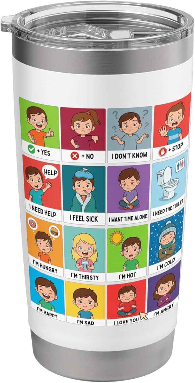 Autism ACC Communication Non Verbal Visual Aid Autistic Kids Stainless Steel Insulated Tumbler